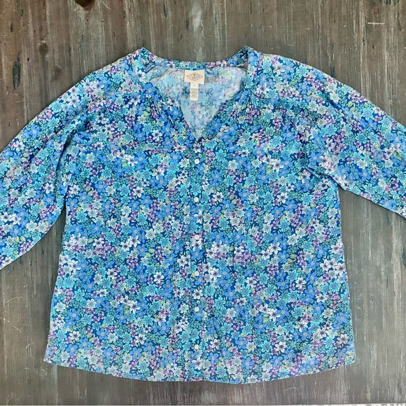 St. John's Bay Blue Flower Mandarin Collar Button Down Blouse - Picture 1 of 7